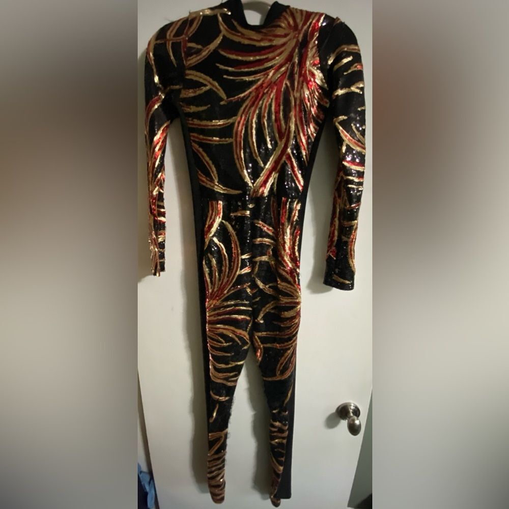 Sequins Open Back Black Red and Gold Long Sleeve Pant Jumpsuit Womens Sz Small